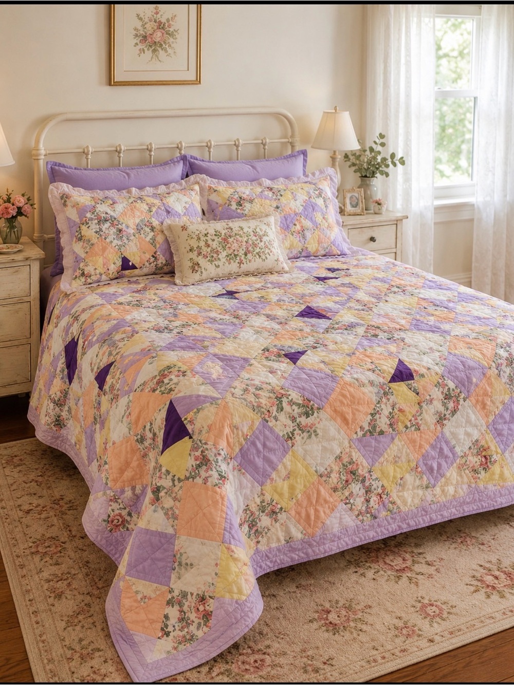 Lilac Patchwork Floral Quilt Set by